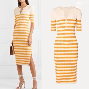 Altuzarra Sunday Striped Ribbed Super Stretchy Knit Midi Dress Cream Goldenrod
